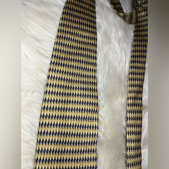 LOUIS FERAUD SILK TIE MUSTARD NAVY BLUE & WHITE - Picture 3 of 3